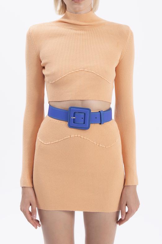 Bayan Somon Dik Yakalı Crop Triko Bluz - BSL