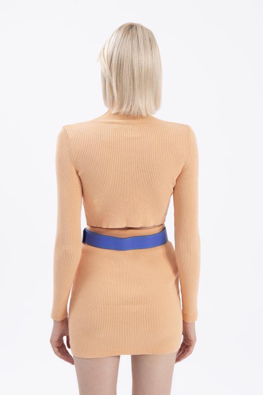 Bayan Somon Dik Yakalı Crop Triko Bluz - BSL