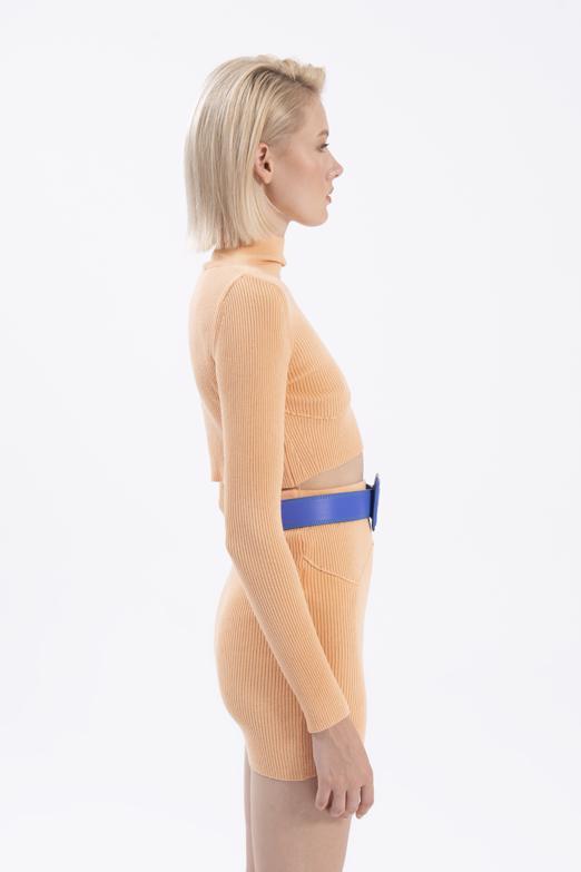 Bayan Somon Dik Yakalı Crop Triko Bluz - BSL