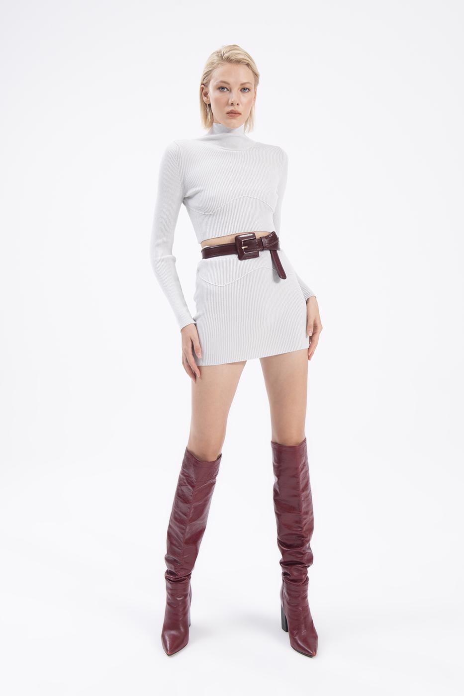 Bayan Gri Triko Mini Dar Etek