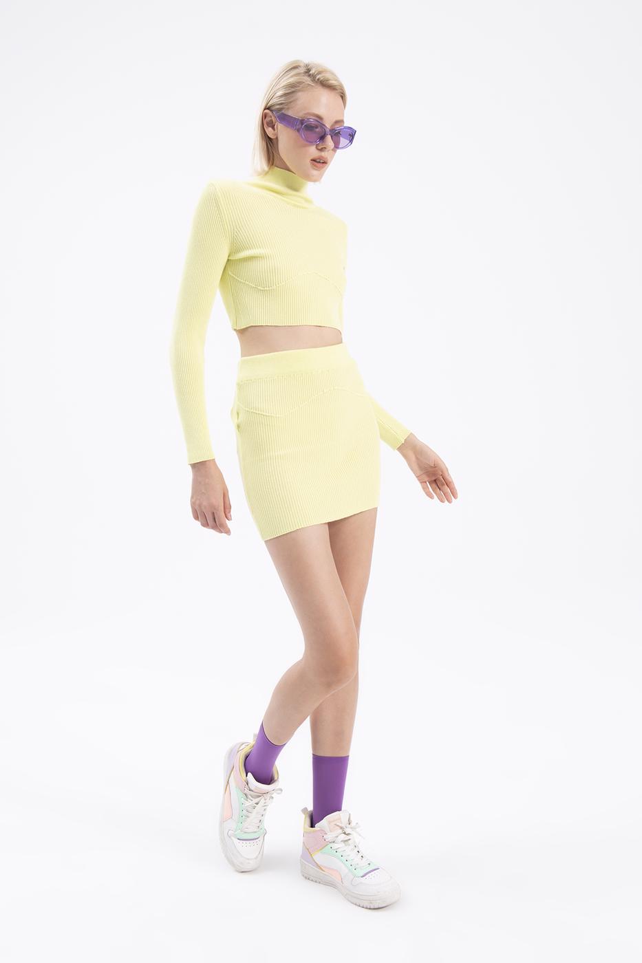 Bayan Sarı Triko Mini Dar Etek