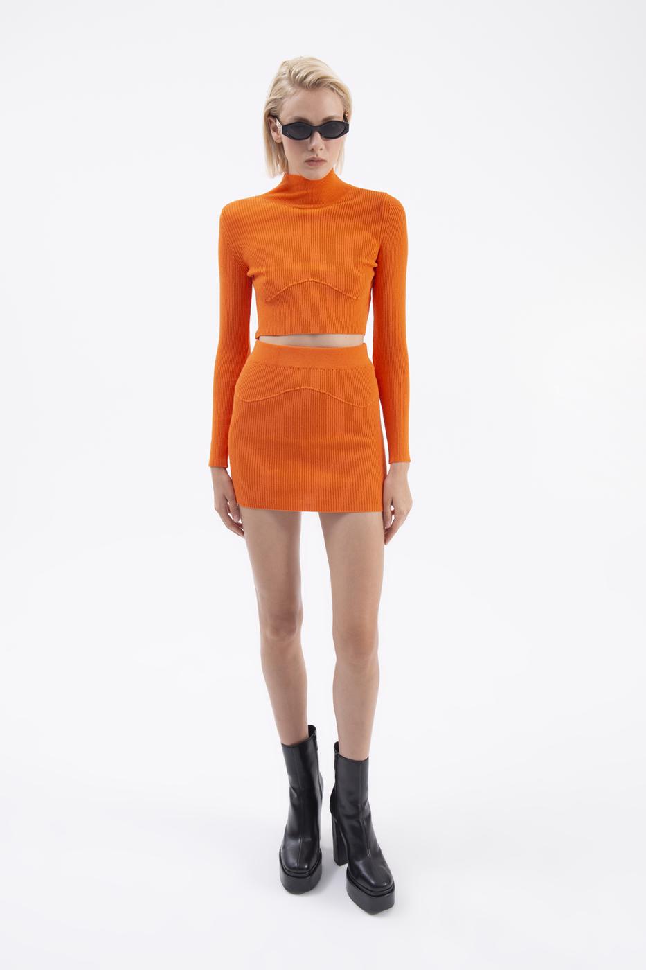 Bayan Oranj Triko Mini Dar Etek