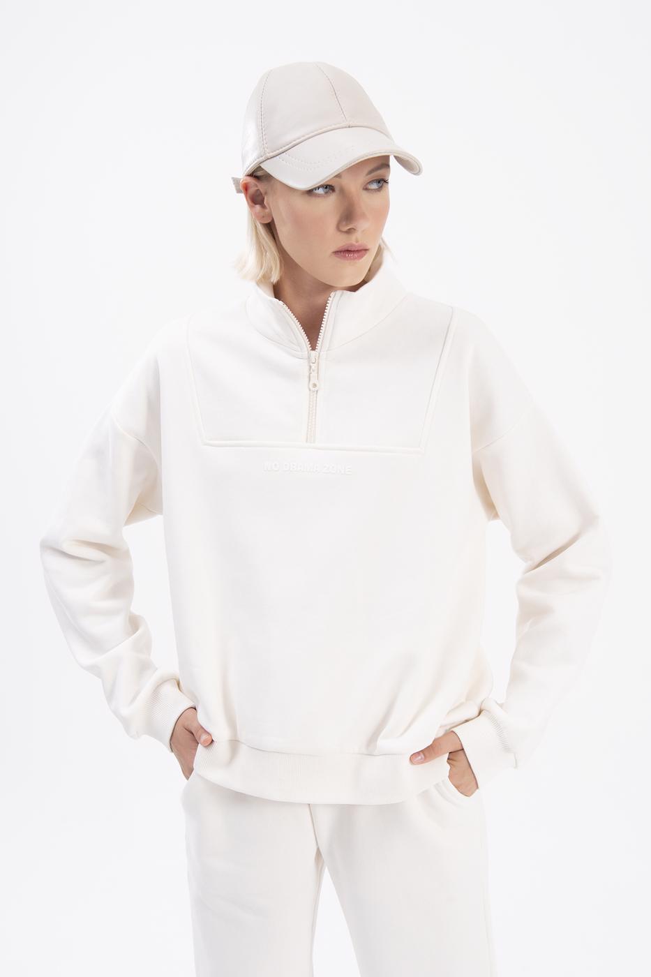 Bayan Ekru Dik Kapalı Sweatshırt