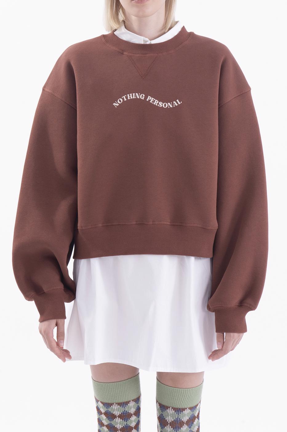 Bayan Kahverengi Baskılı Basic Crop Sweatshirt