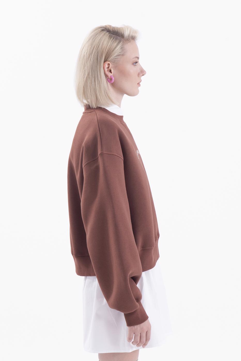 Bayan Kahverengi Baskılı Basic Crop Sweatshirt