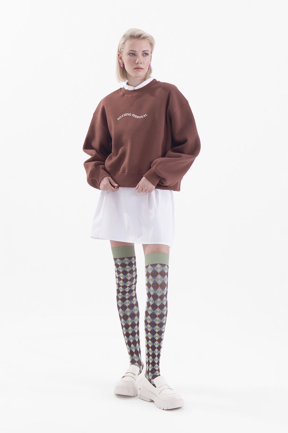 Bayan Kahverengi Baskılı Basic Crop Sweatshirt