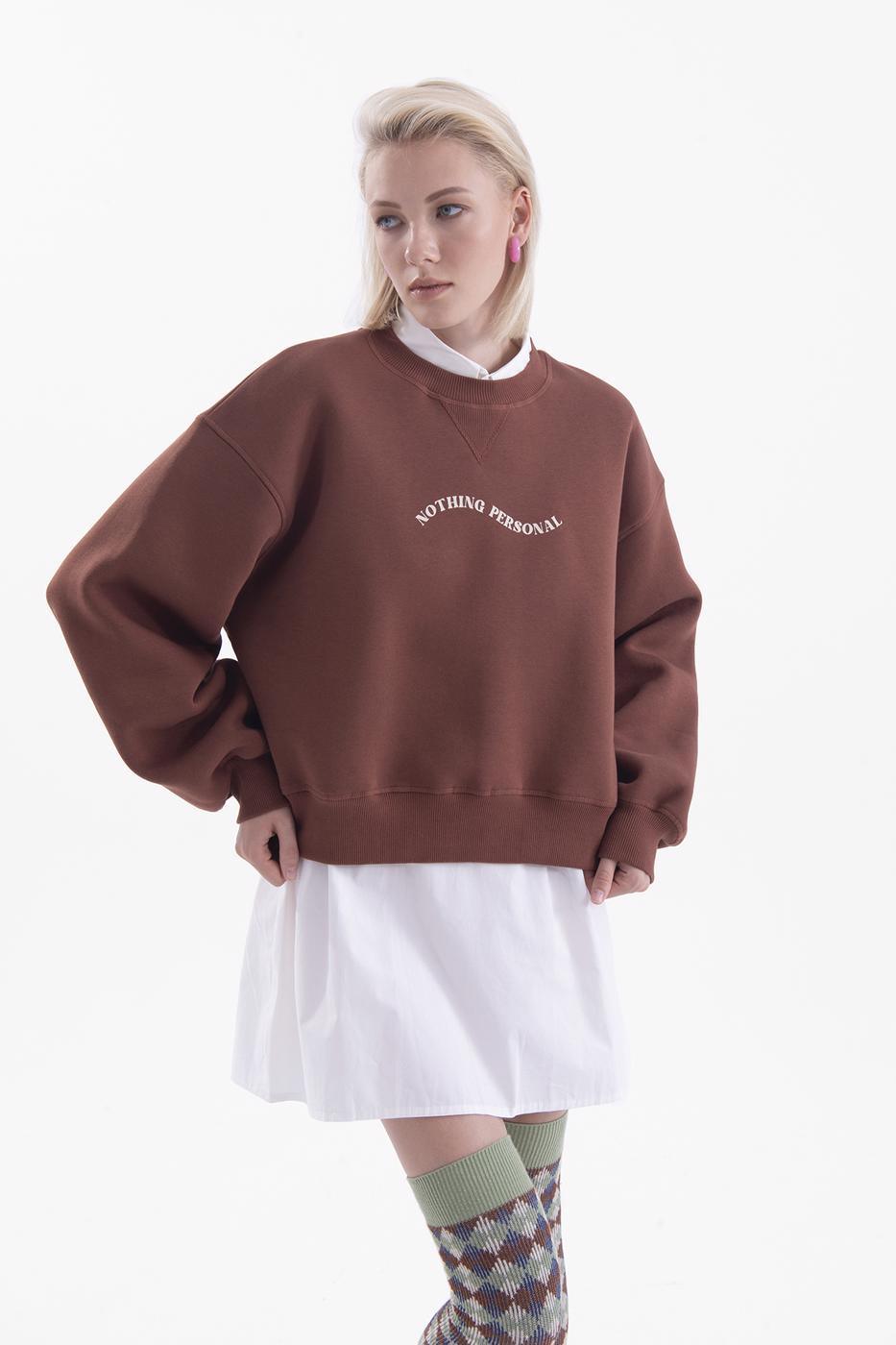 Bayan Kahverengi Baskılı Basic Crop Sweatshirt