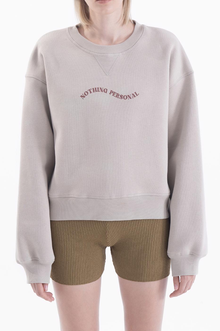 Bayan Bej Baskılı Basic Crop Sweatshirt