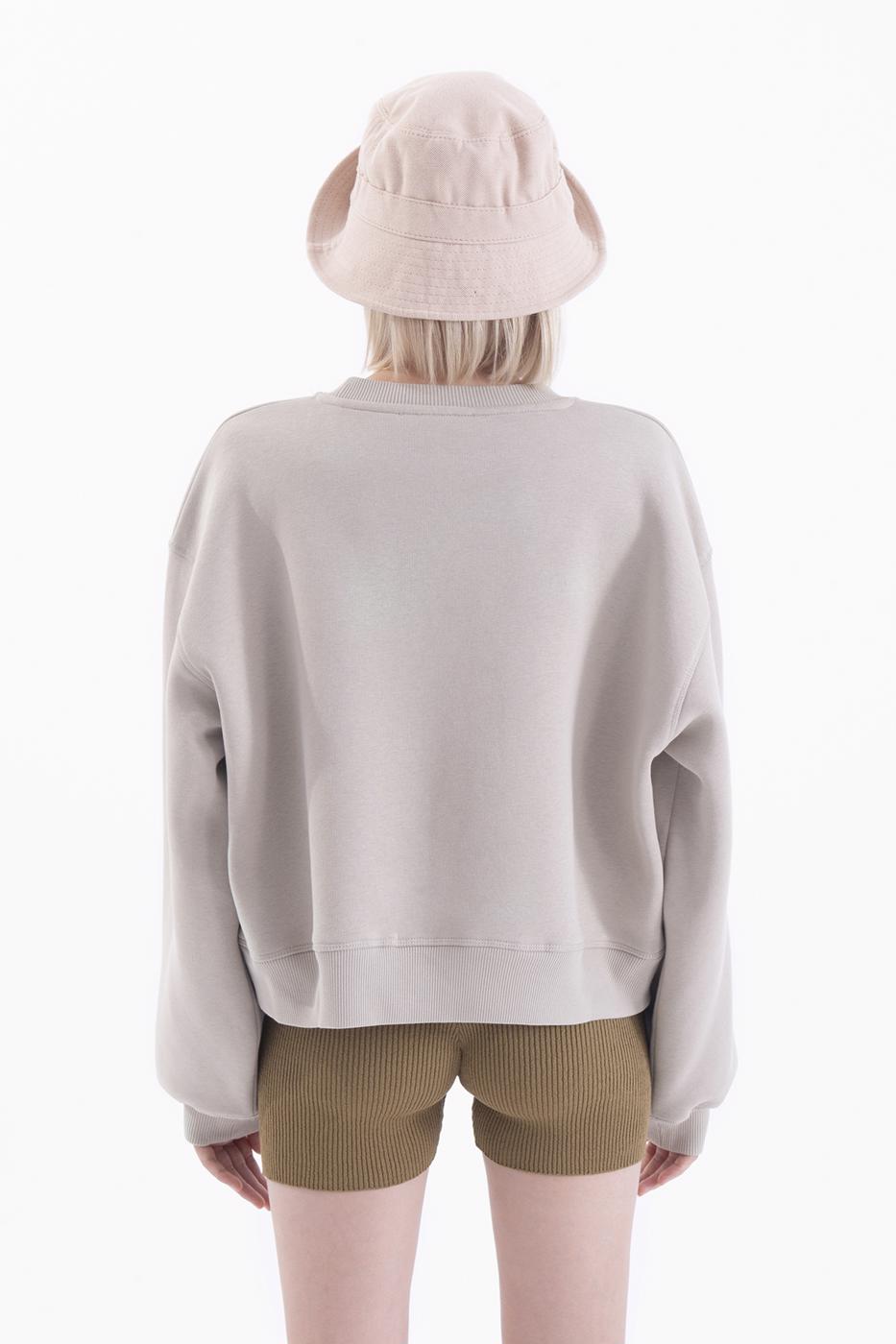Bayan Bej Baskılı Basic Crop Sweatshirt