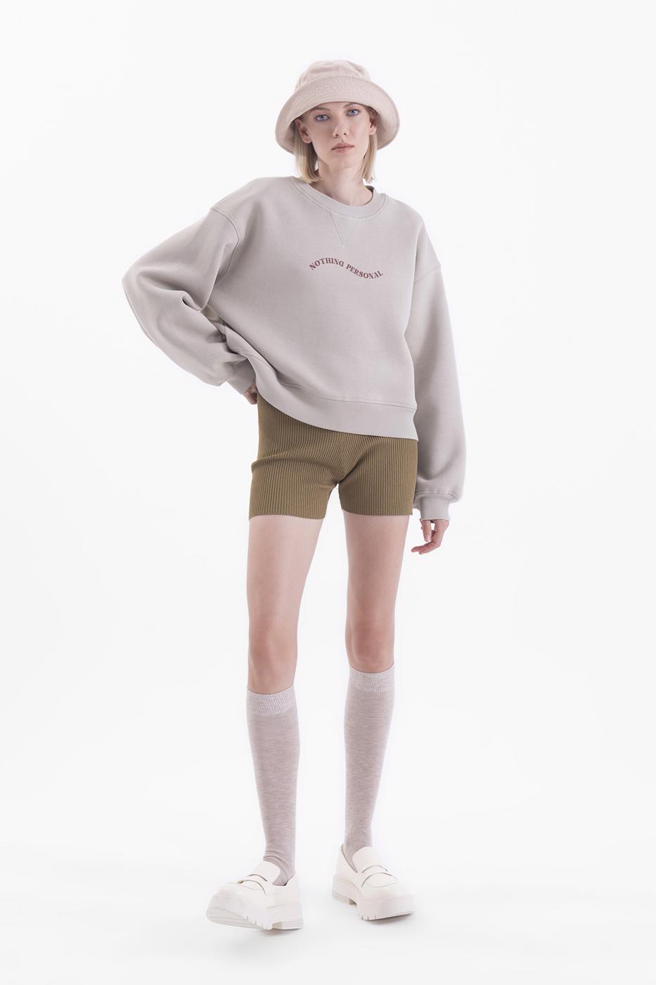 Bayan Bej Baskılı Basic Crop Sweatshirt