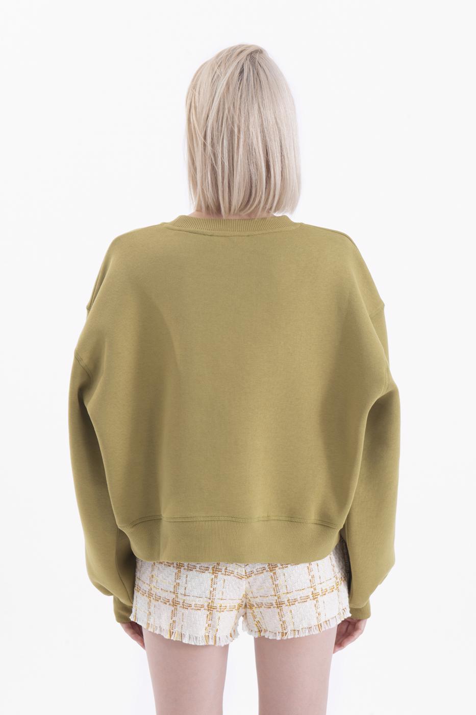 Bayan Haki Baskılı Basic Crop Sweatshirt