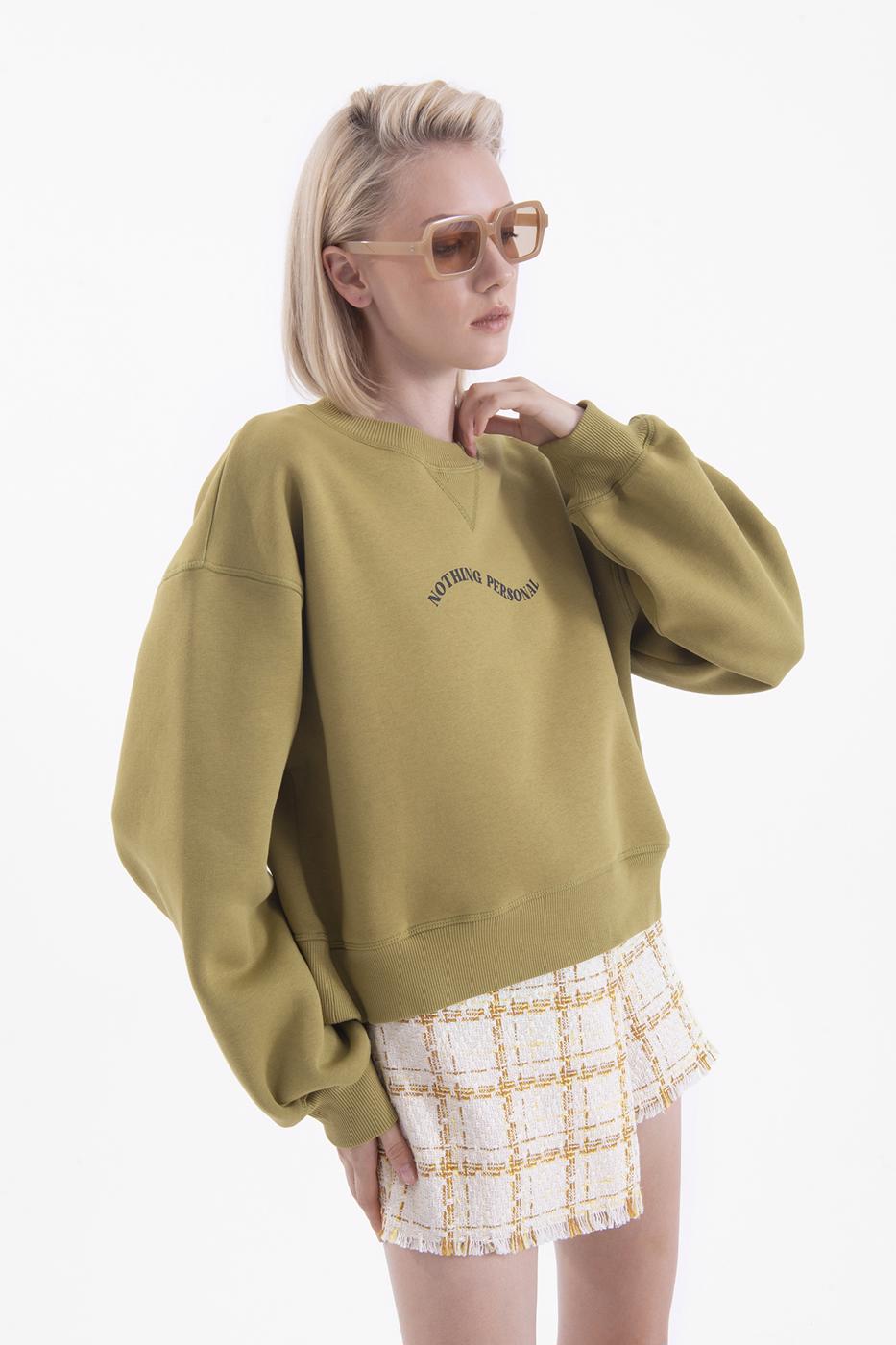 Bayan Haki Baskılı Basic Crop Sweatshirt