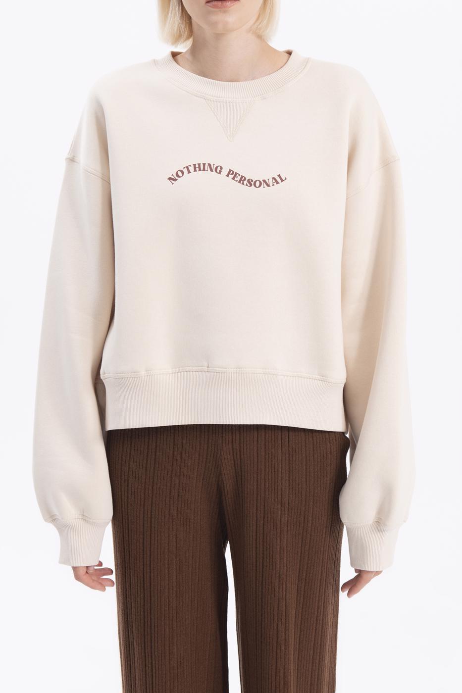 Bayan Krem Baskılı Basic Crop Sweatshirt