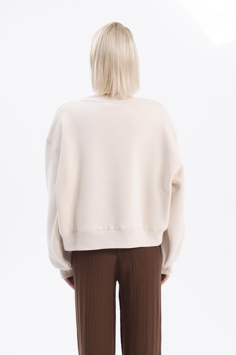 Bayan Krem Baskılı Basic Crop Sweatshirt