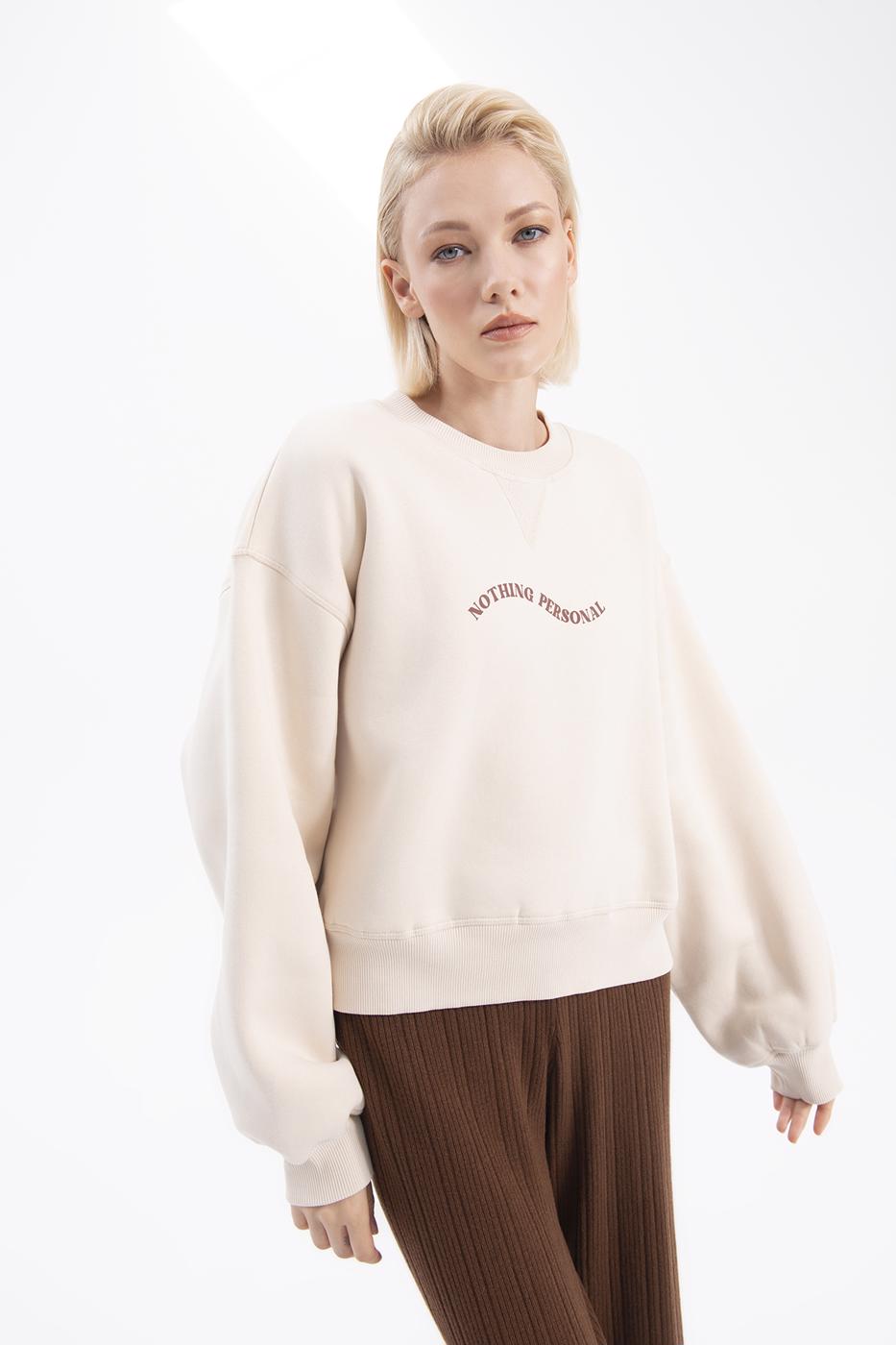 Bayan Krem Baskılı Basic Crop Sweatshirt