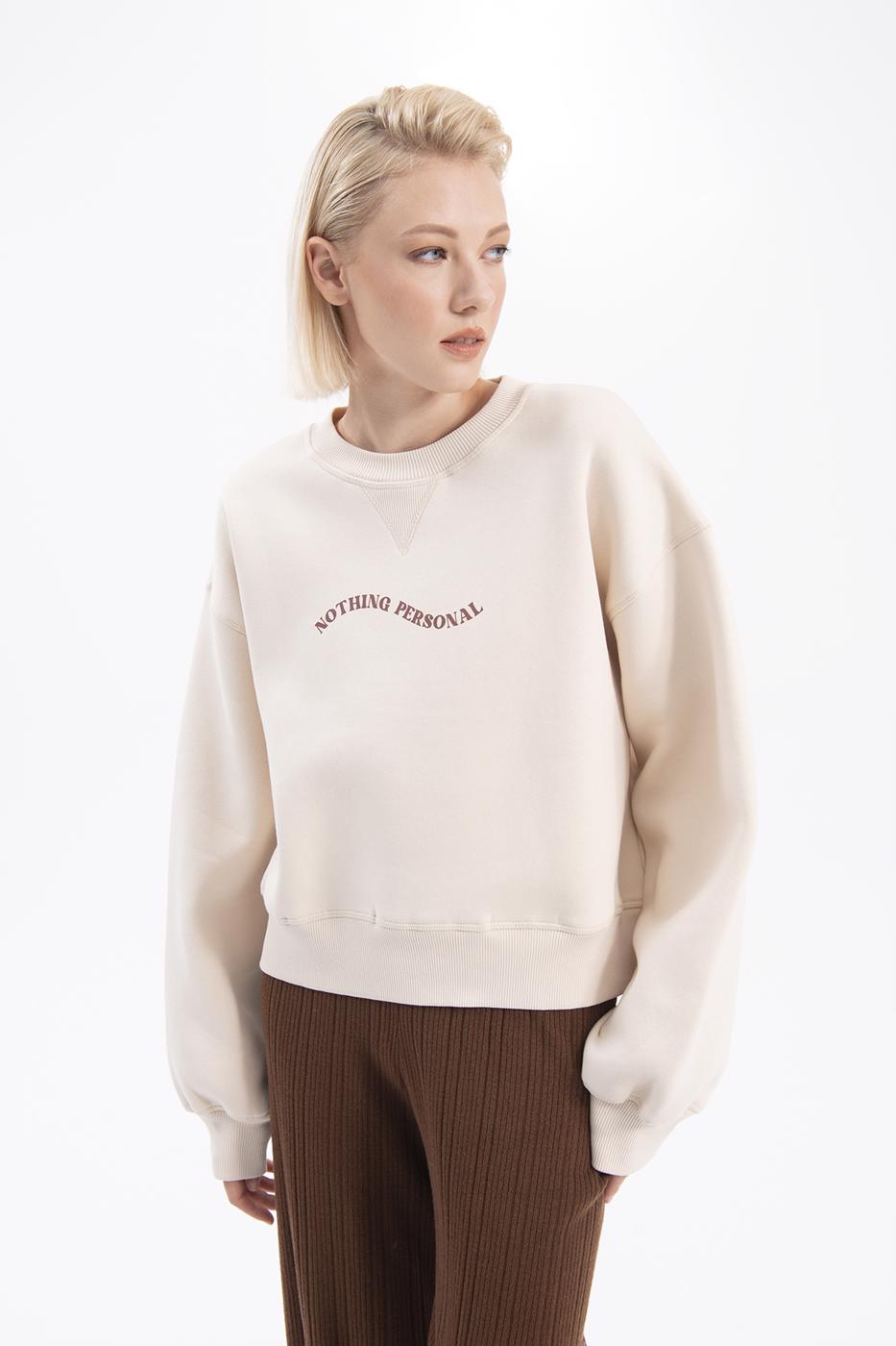 Bayan Krem Baskılı Basic Crop Sweatshirt