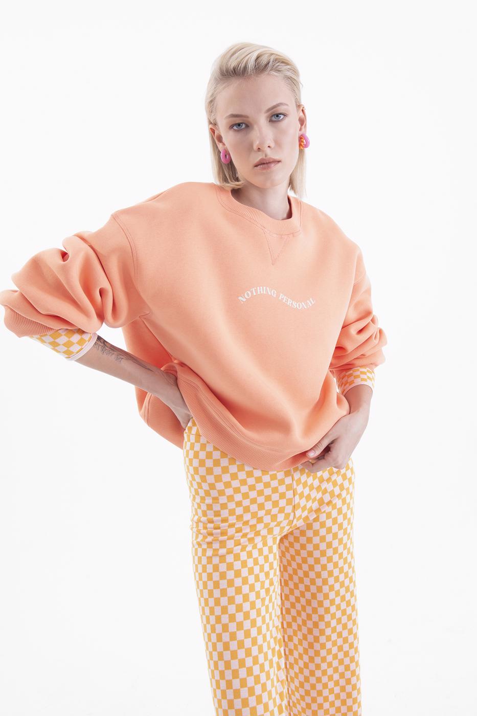 Bayan Somon Baskılı Basic Crop Sweatshirt