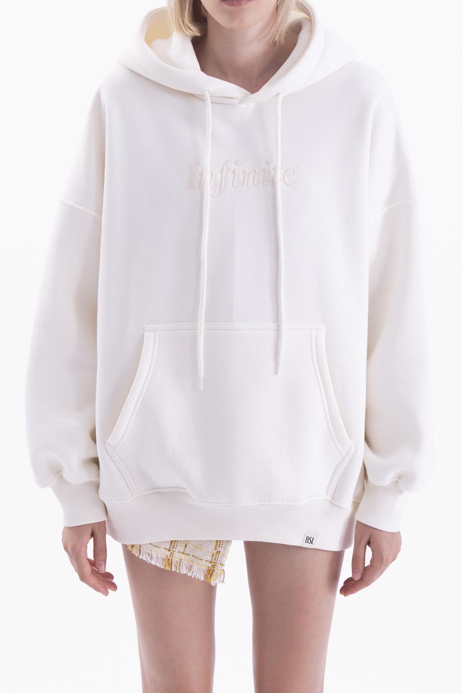 Bayan Ekru Kapşonlu Nakışlı Oversize Sweatshirt