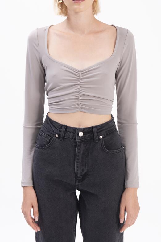 Bayan Gri Uzun Kollu Crop Body - BSL