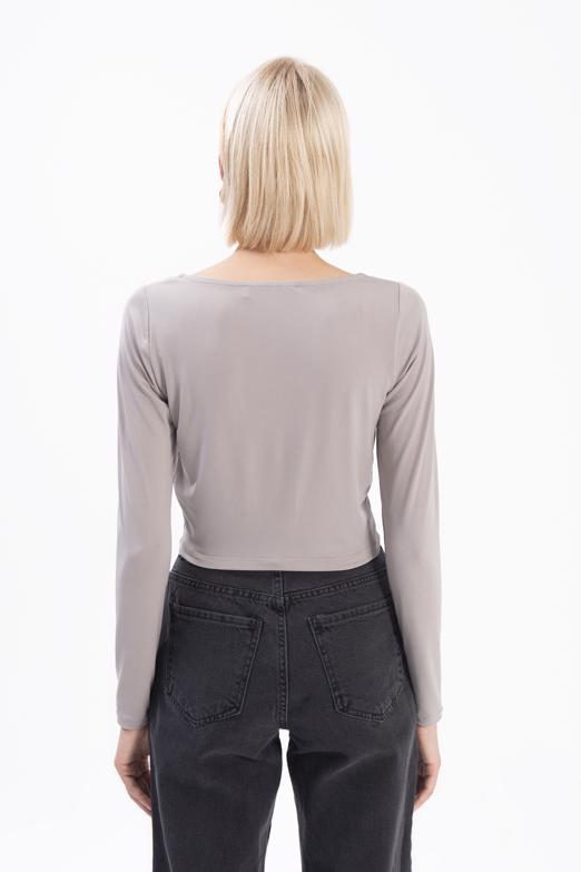 Bayan Gri Uzun Kollu Crop Body - BSL