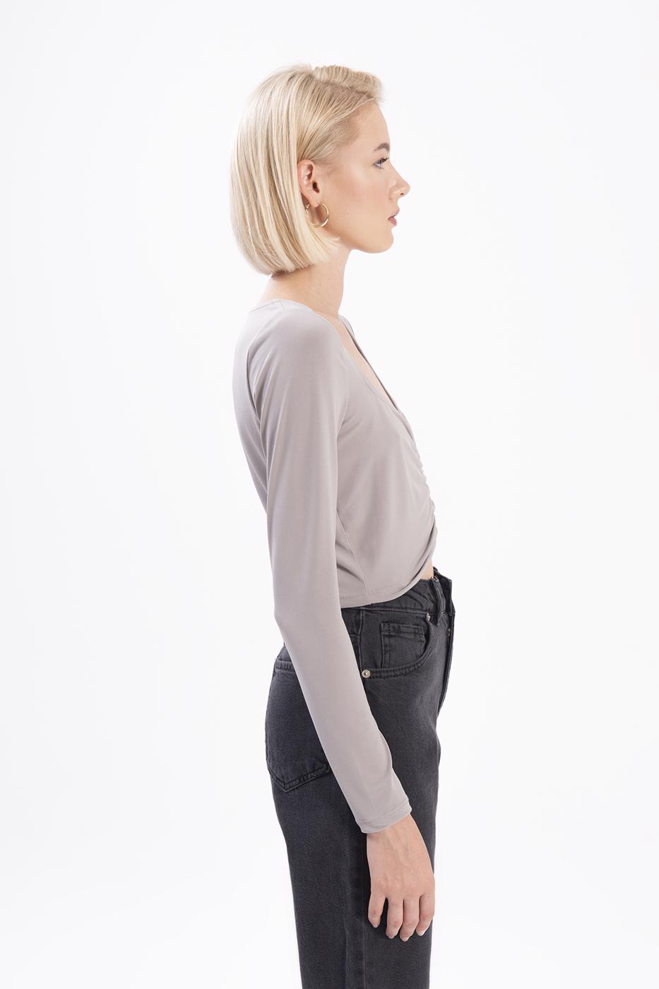 Bayan Gri Uzun Kollu Crop Body