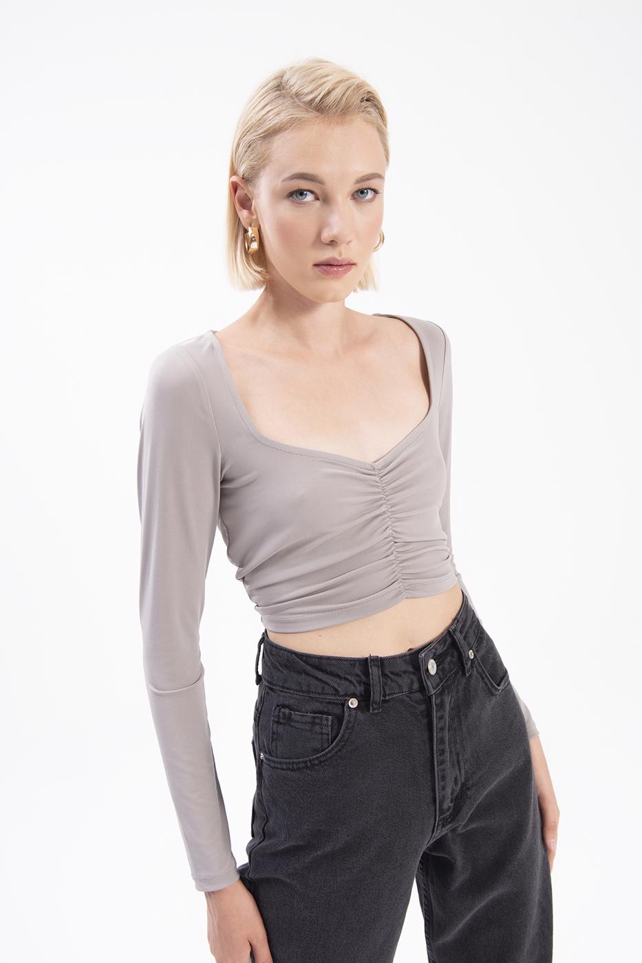 Bayan Gri Uzun Kollu Crop Body