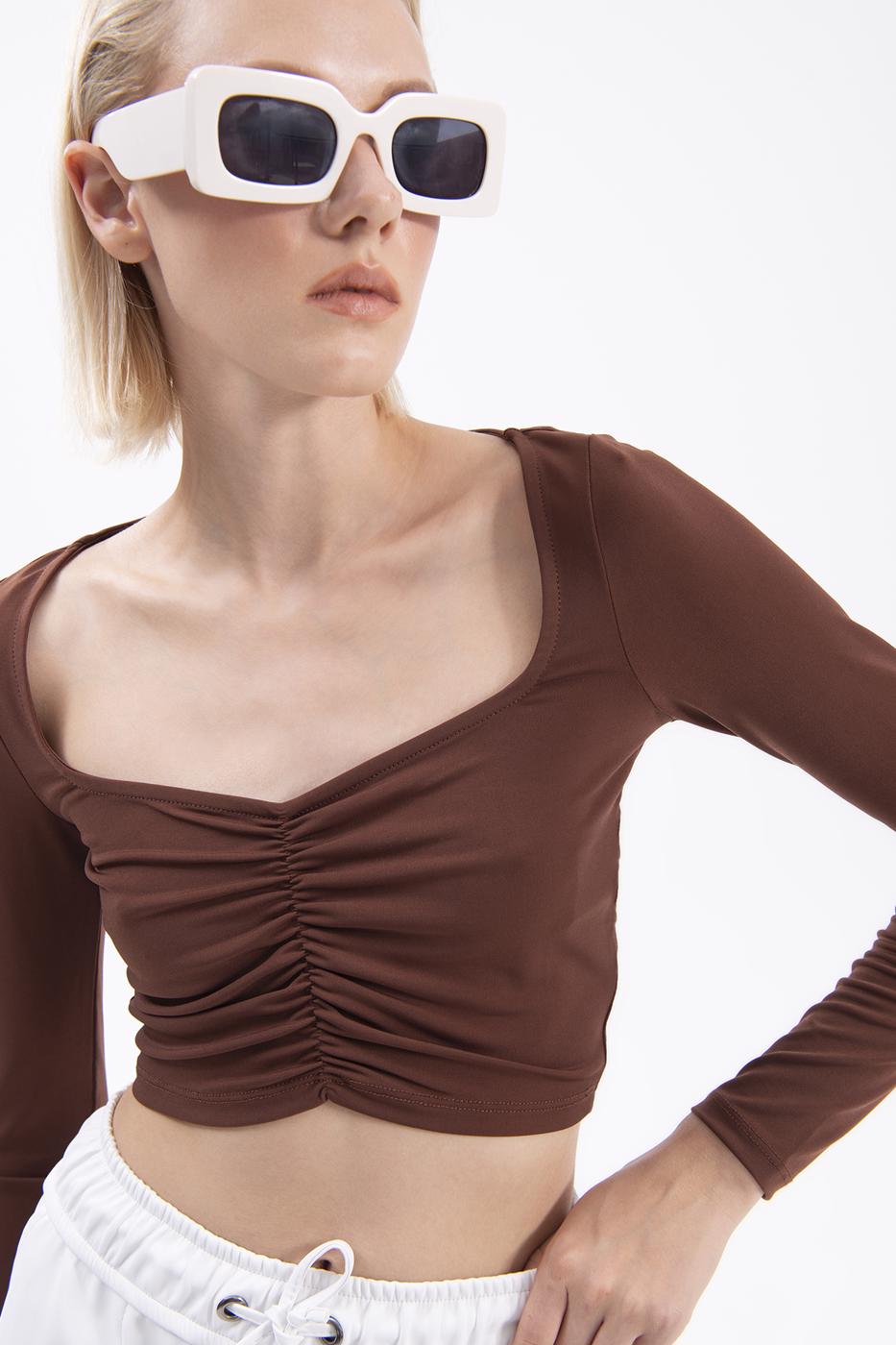 Bayan Kahverengi Uzun Kollu Crop Body