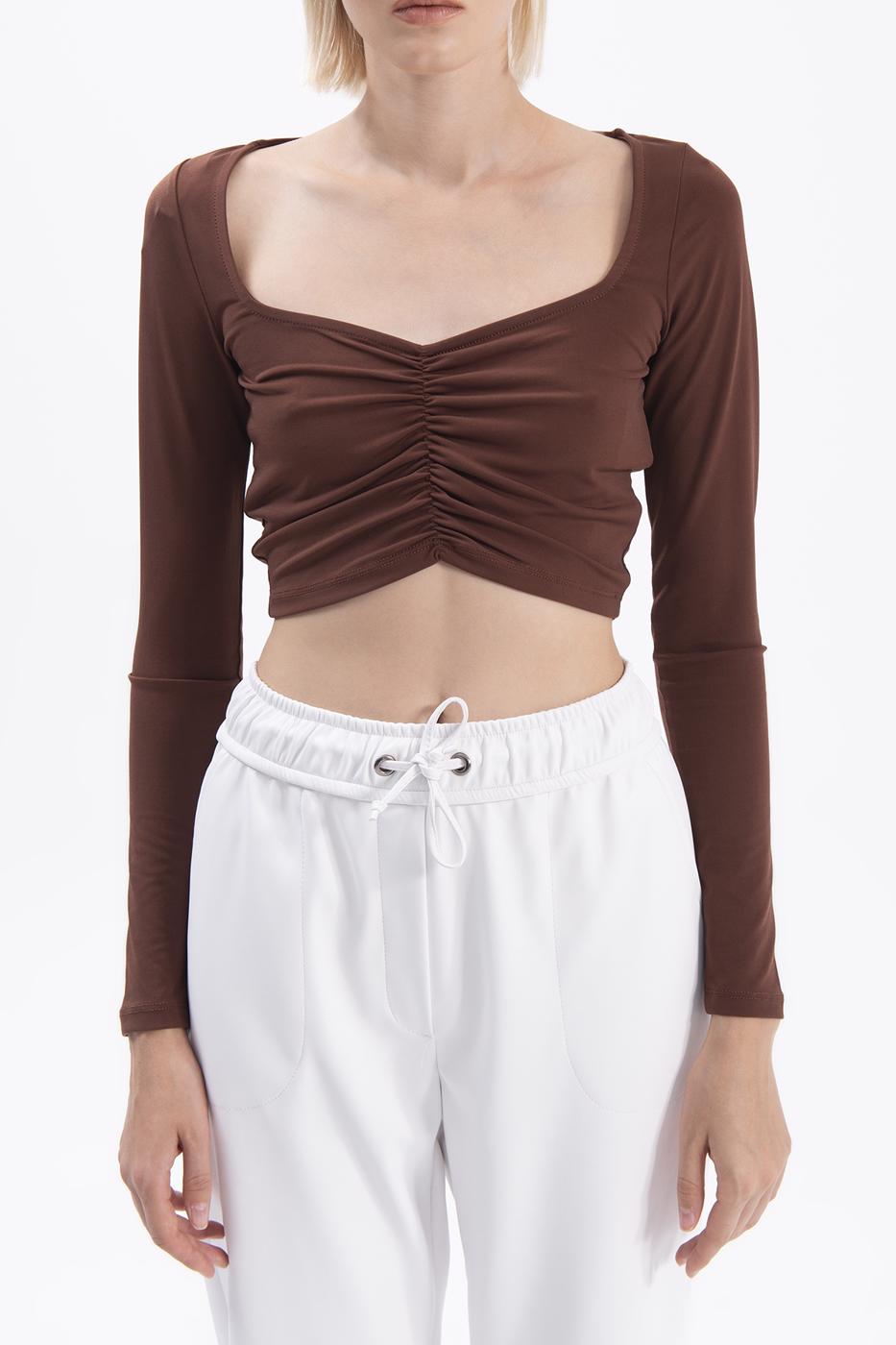 Bayan Kahverengi Uzun Kollu Crop Body