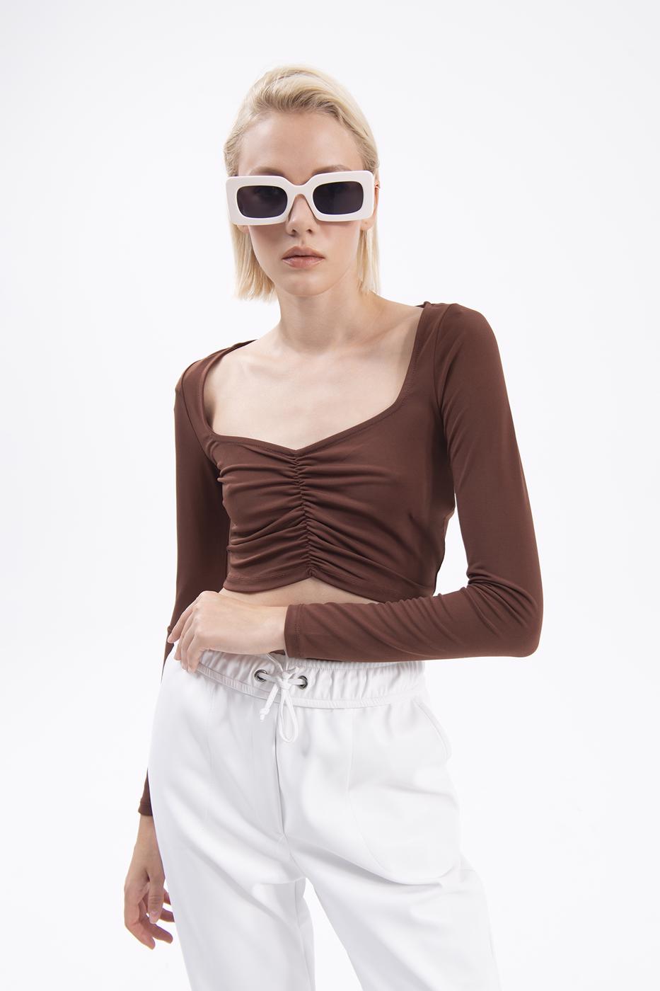 Bayan Kahverengi Uzun Kollu Crop Body