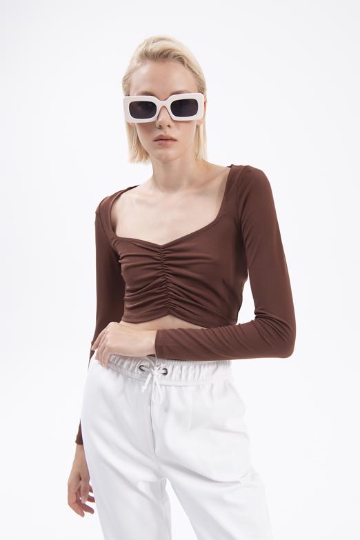 Bayan Kahverengi Uzun Kollu Crop Body - BSL