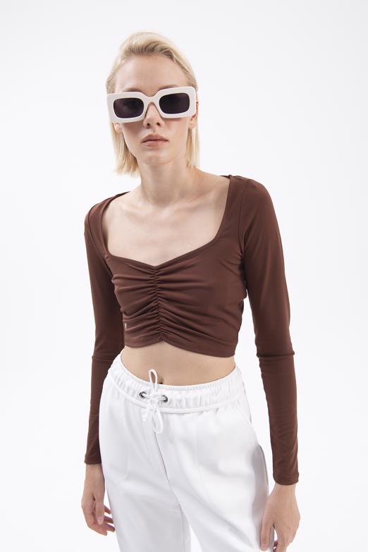 Bayan Kahverengi Uzun Kollu Crop Body - BSL