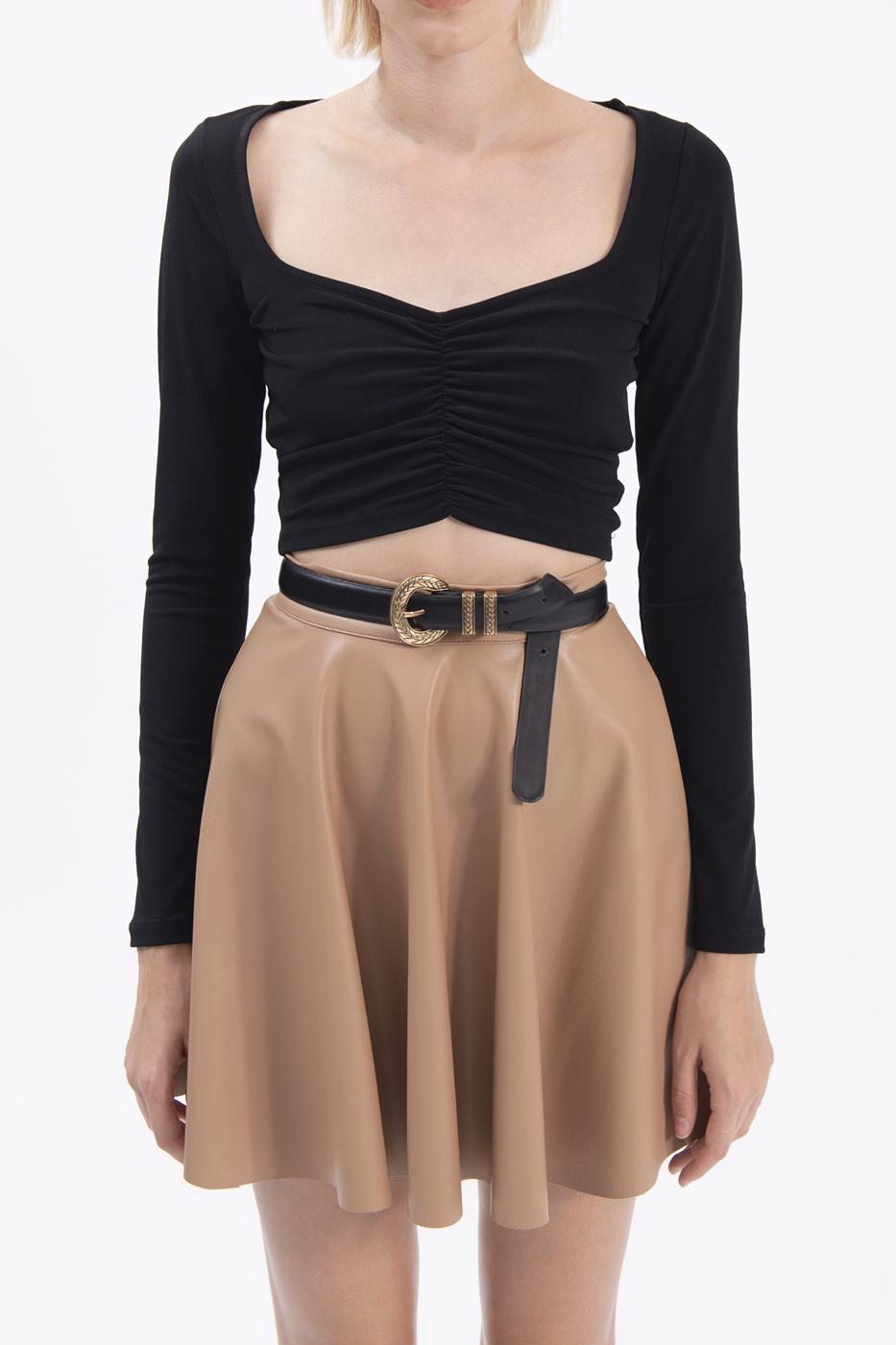 Bayan Siyah Uzun Kollu Crop Body