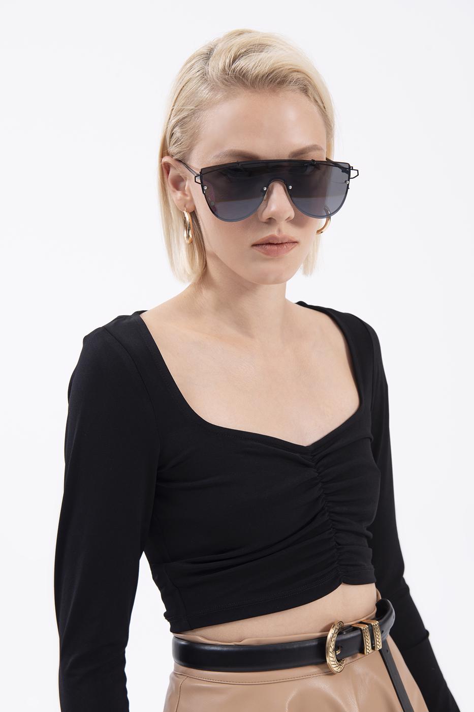 Bayan Siyah Uzun Kollu Crop Body