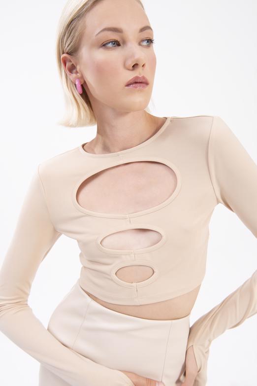 Bayan Bej Pencere Detaylı Crop Body - BSL