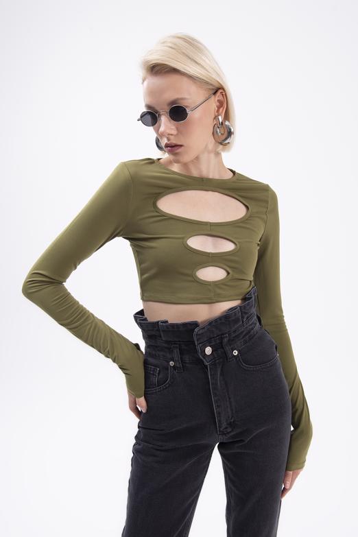 Bayan Haki Pencere Detaylı Crop Body - BSL