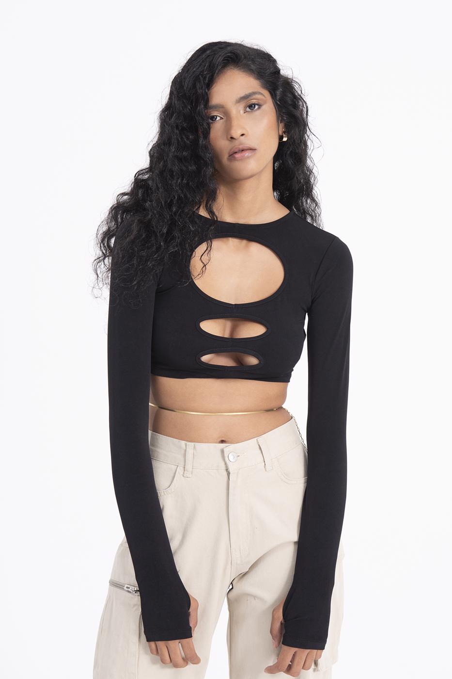 Bayan Siyah Pencere Detaylı Crop Body