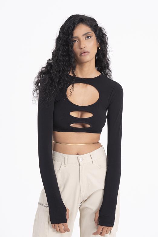 Bayan Siyah Pencere Detaylı Crop Body - BSL