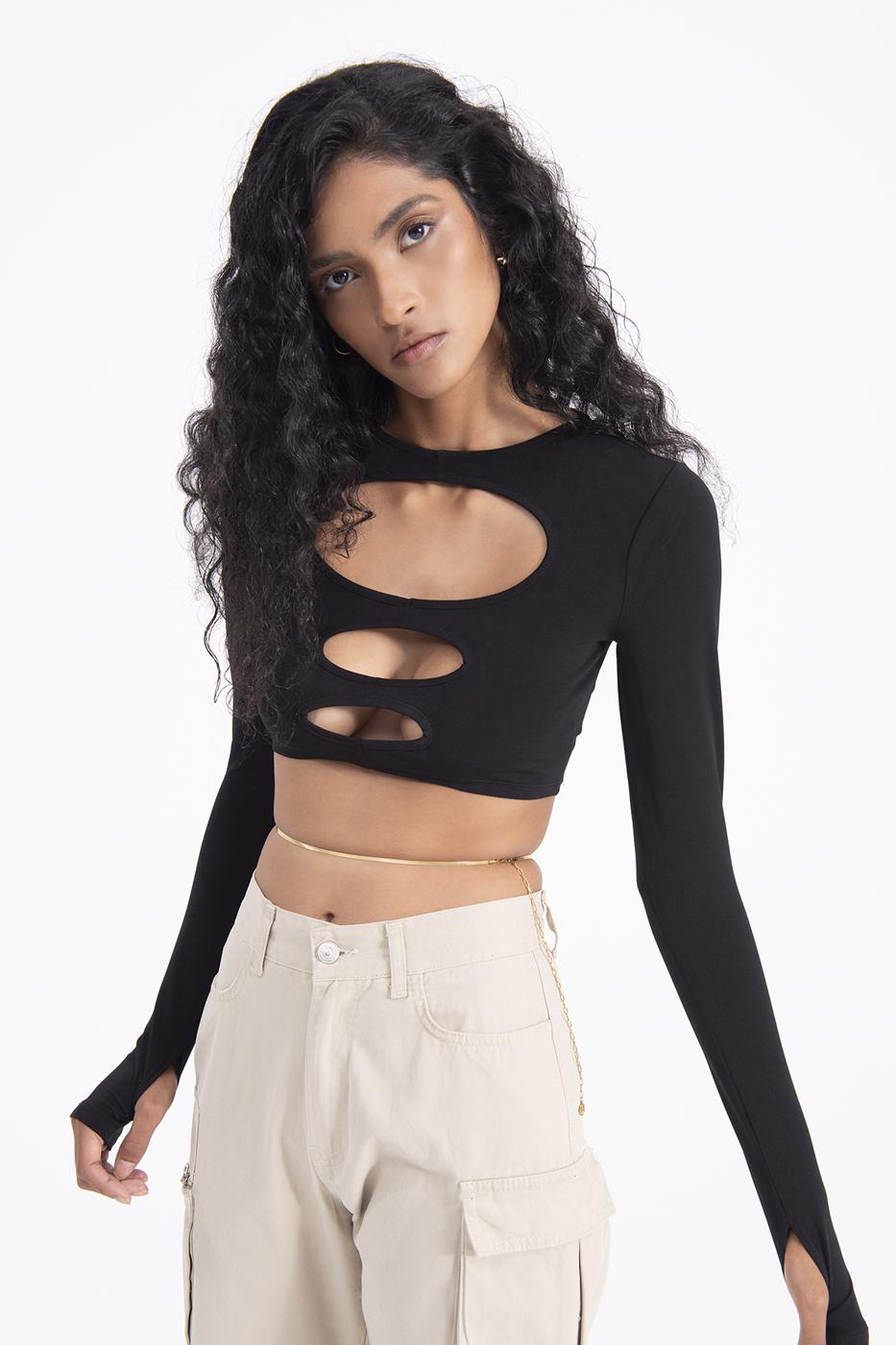 Bayan Siyah Pencere Detaylı Crop Body