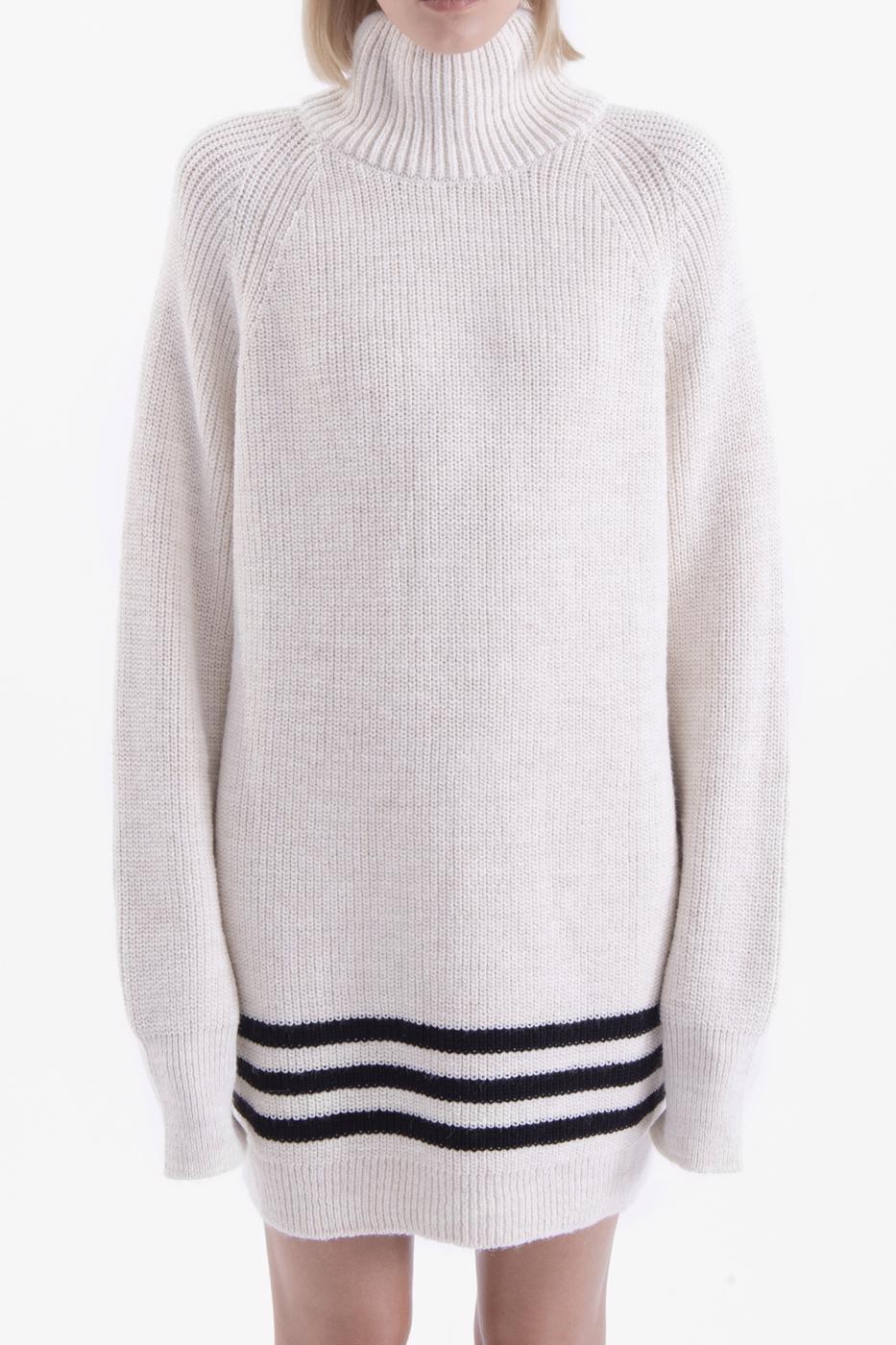 Bayan Ekru Dik Yakalı Mini Triko Elbise