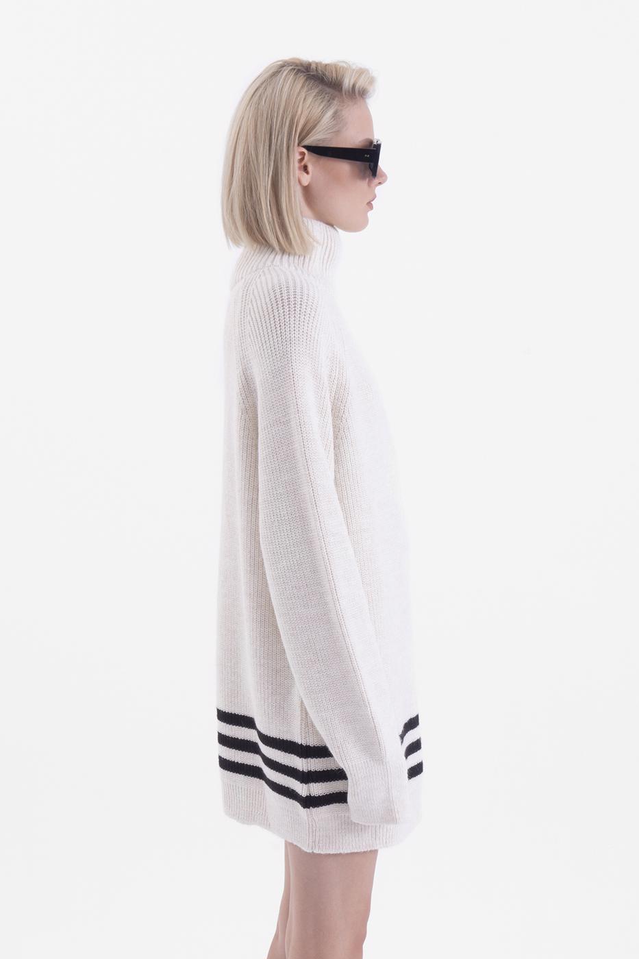 Bayan Ekru Dik Yakalı Mini Triko Elbise