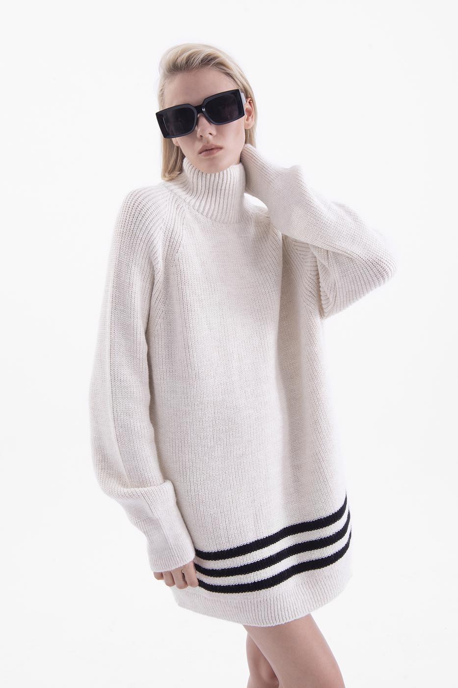 Bayan Ekru Dik Yakalı Mini Triko Elbise