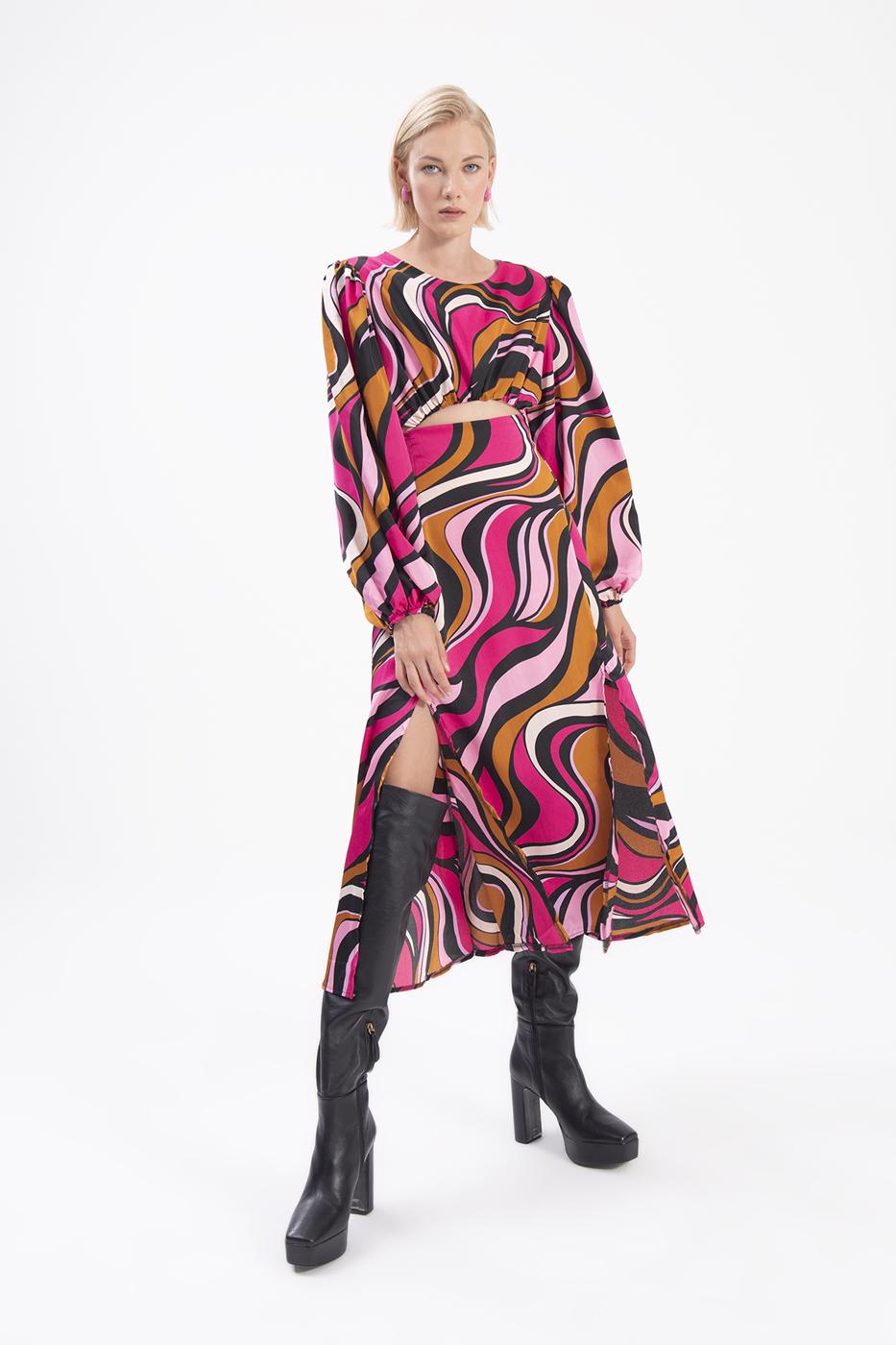 Bayan Fuşya Balon Kollu Yırtmaçlı Midi Elbise