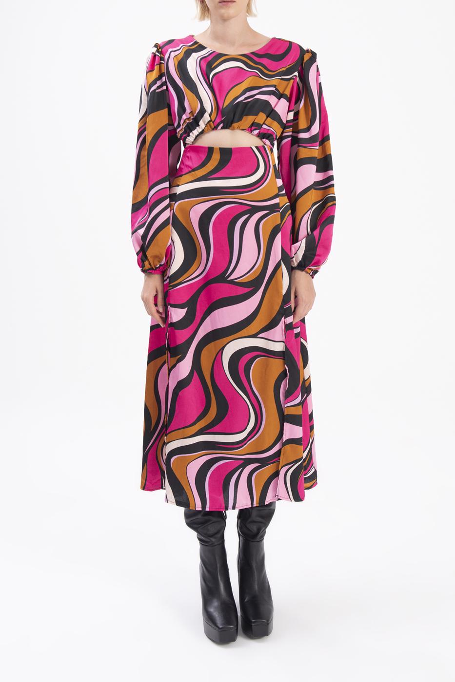 Bayan Fuşya Balon Kollu Yırtmaçlı Midi Elbise