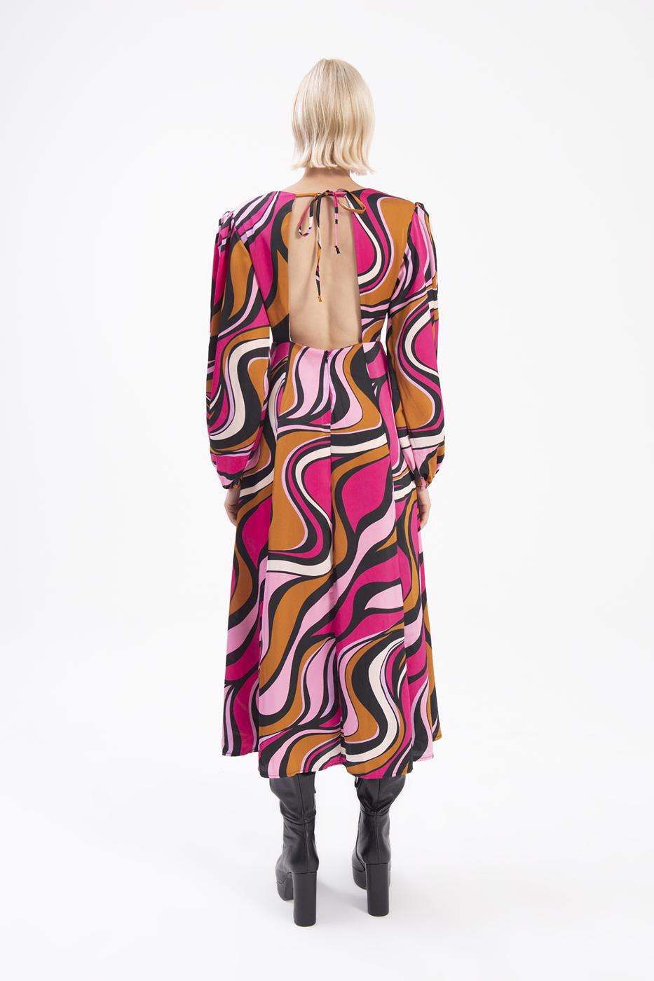 Bayan Fuşya Balon Kollu Yırtmaçlı Midi Elbise