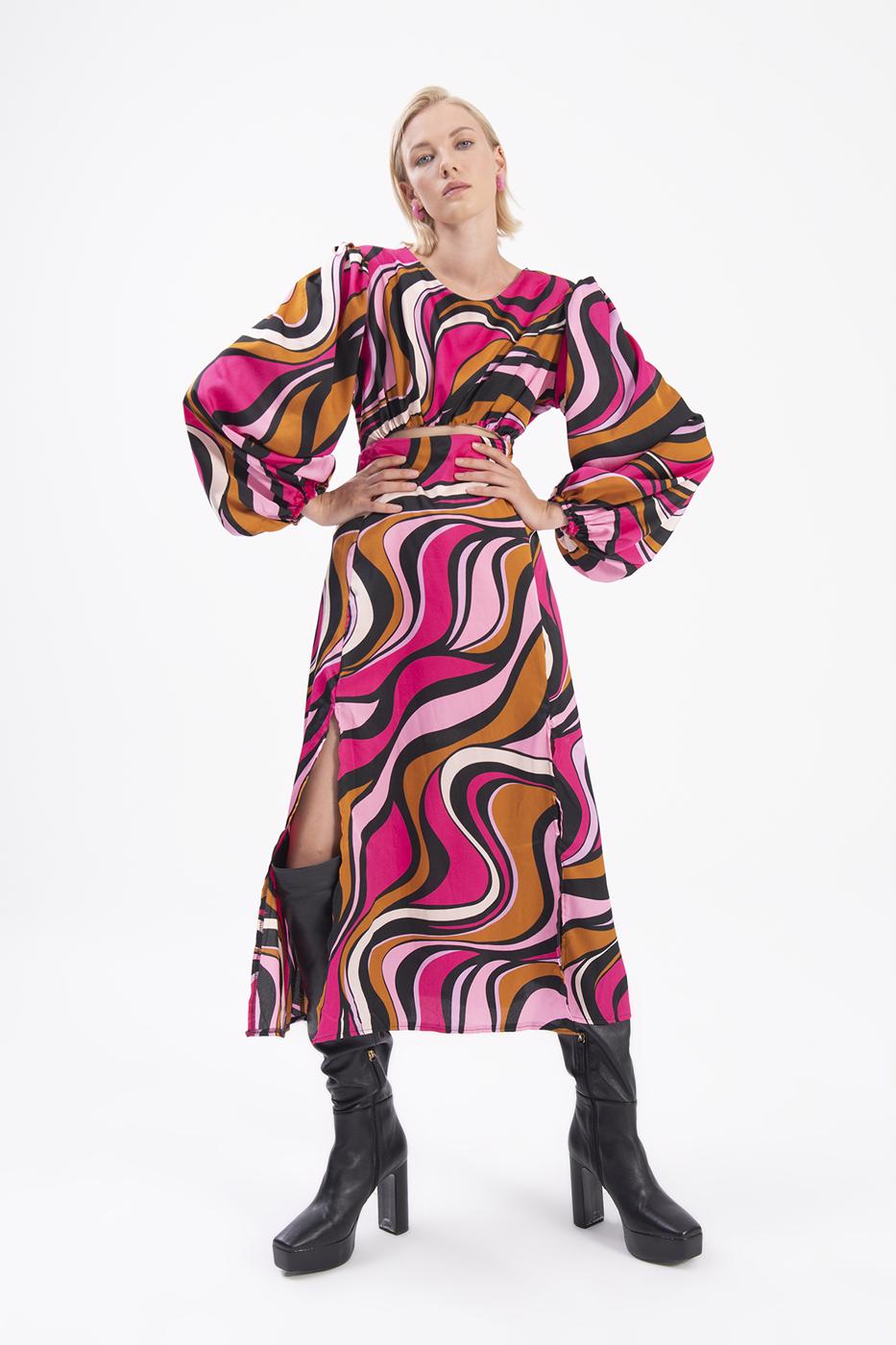 Bayan Fuşya Balon Kollu Yırtmaçlı Midi Elbise