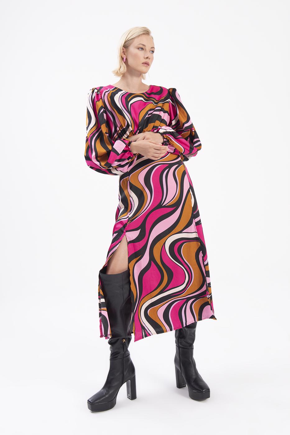 Bayan Fuşya Balon Kollu Yırtmaçlı Midi Elbise