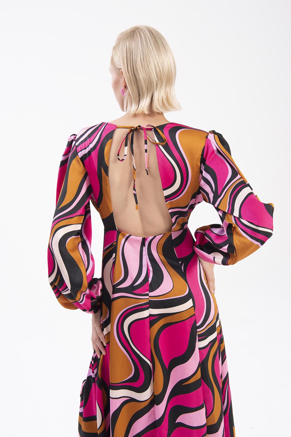 Bayan Fuşya Balon Kollu Yırtmaçlı Midi Elbise