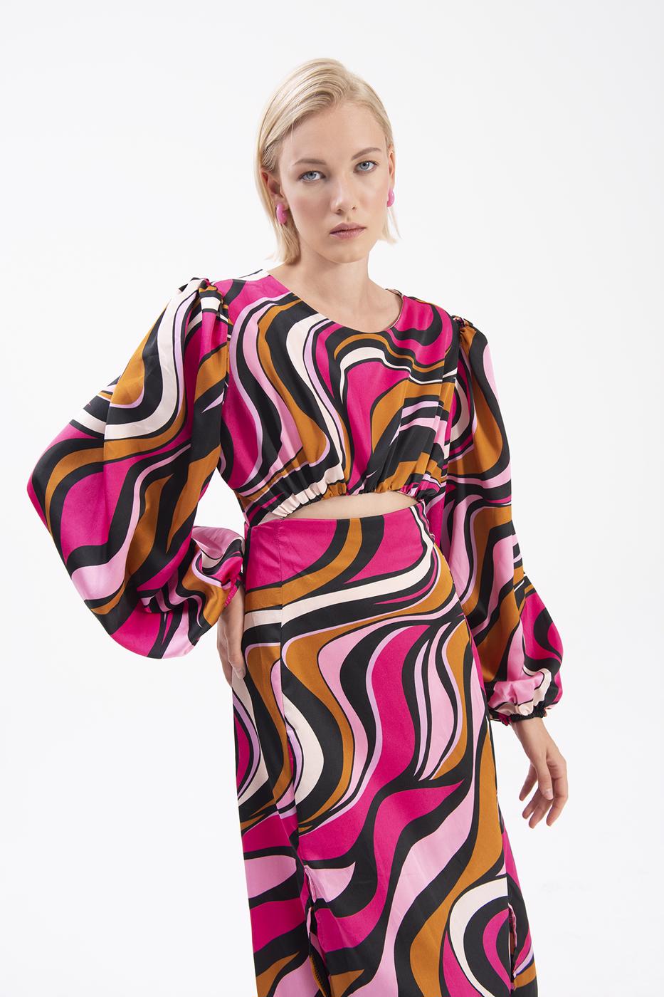 Bayan Fuşya Balon Kollu Yırtmaçlı Midi Elbise