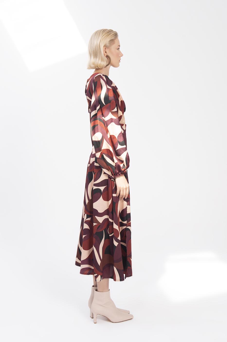 Bayan Multı Balon Kollu Yırtmaçlı Midi Elbise