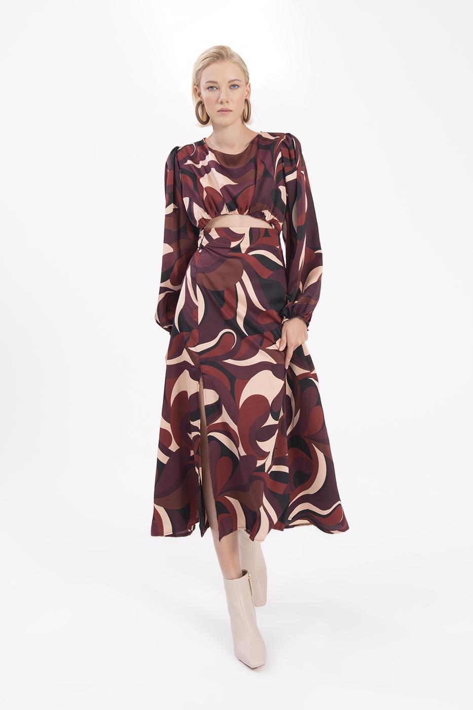 Bayan Multı Balon Kollu Yırtmaçlı Midi Elbise